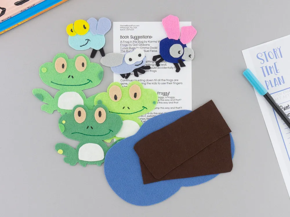 3 green frogs song felt set on desk with lyric card