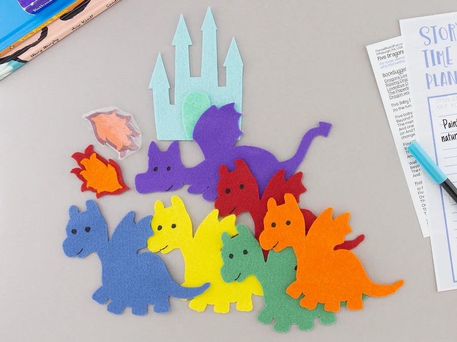 felt dragons in rainbow colors